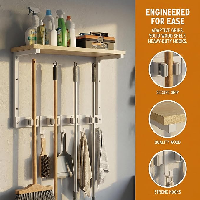 Upgraded Broom Holder Wall Mount with Shelf, Mop and Broom Organizer Wall Hanging, Cleaning Supplies Organizer (small)