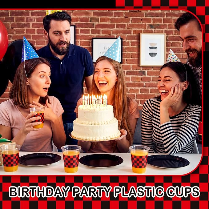 Qinyoung Checkered Plastic Cups 12oz Gingham Party Disposable Cups Bulk Drinking Cup for Cold Drinks Baby Shower Wedding Summer Birthday Party Supplies(Red and Black,50 Pcs)
