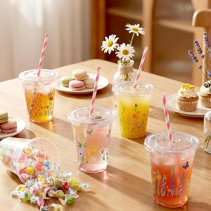 FoldTier 100 Pcs Wildflower Cups Plastic with Lids and Straws 12 oz Disposable Floral Drinking Cups for Tea Party Wedding Love in Bloom Baby Shower Bridal Shower Wild Flower Graduation Supplies