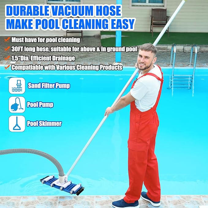 3 Pcs Pool Vacuum Kit Manual Vacuum Head with 1-1/2" x 18ft Hoses and Skimmer Net Flexible Head with Side Brushes and Wheels, Maintenance Accessories for Above Ground Inground Pool Cleaning