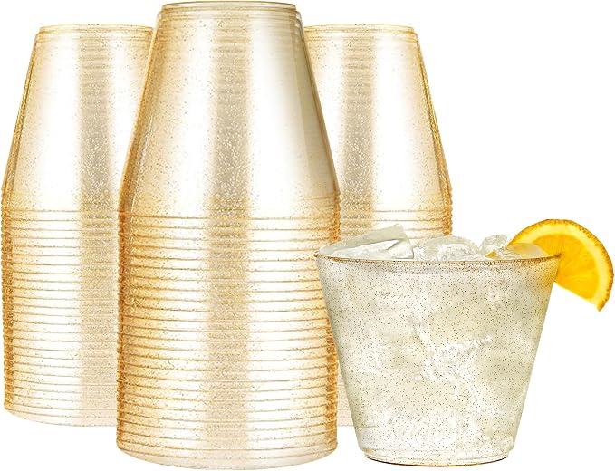 R-kay 200 Pack 9 oz Gold Glitter Plastic Cups For Party - Gold Plastic Cups - Hard Disposable Cups - Premium Heavy Duty Gold Cups - Disposable Cocktail Glasses - Party Cups