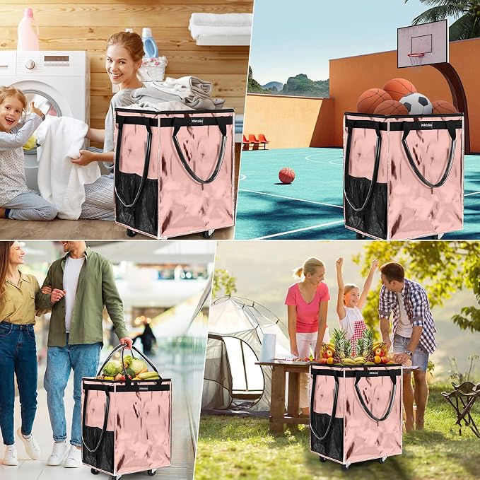 (Medium, Rose Gold) Reusable Grocery Bag on 4 Wheels, 70L Foldable Rolling Tote, Shopping Trolley, Rolling Bag with 3 Handles, Rolling Tote Bag with Wheels for Shopping, Market, Laundry,Moving