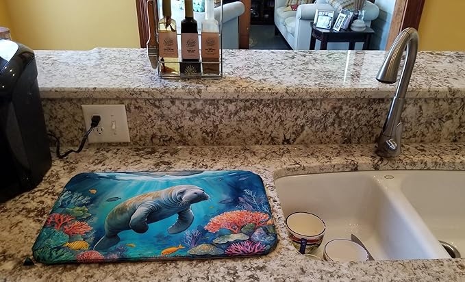 Caroline's Treasures Manatee and Coral Reefs Dish Drying Mat Absorbent Dish Drying Mat Pad for Kitchen Counter Dish Drainer Mat for Countertop, 14 x 21", Multicolor