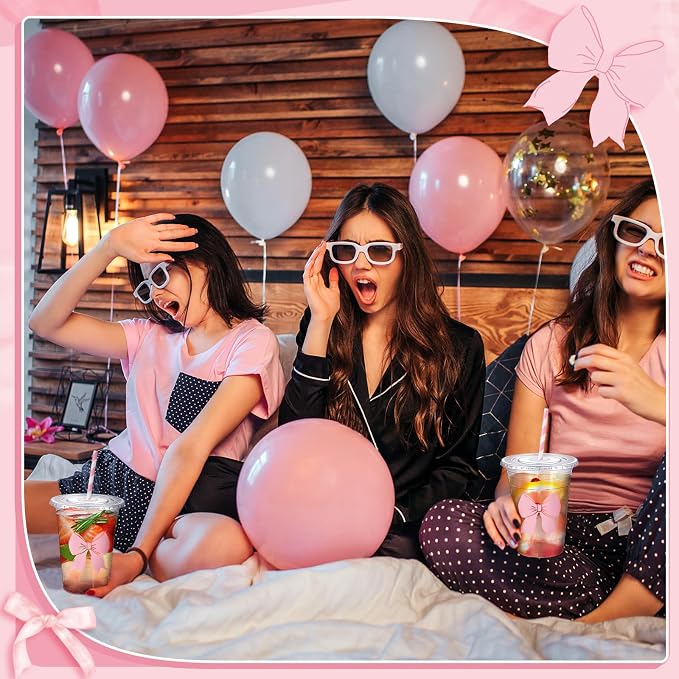 Sliner 25 Pcs 16 oz Coquette Disposable Plastic Cups with Straw for Party Supplies Bow Cups Birthday Wedding Bridal Engagement Party Drinkware Baby Shower Decoration (Pink Bow)