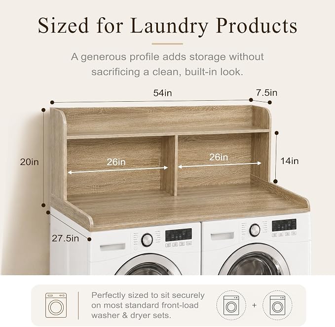 Royxen Laundry Countertop with 20" Shelf Universal Fit, Washer and Dryer Countertop with Storage Space, Laundry Room Storage (White Oak)