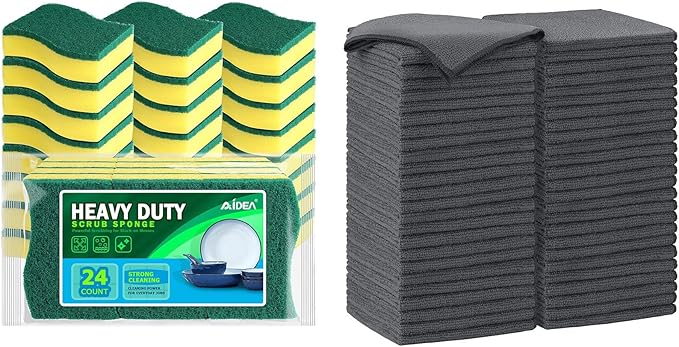AIDEA Microfiber Cleaning Cloth-50PK, Sponges Kitchen, 24 Pack Heavy Duty Dish Sponge
