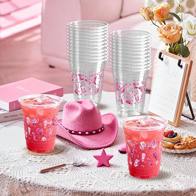 100 Pcs Pink Cowgirl Plastic Cups,16 oz Disco Western Cowgirl Clear Disposable Plastic Cups Drinking Cups for Cowgirl Birthday Baby Shower Lets Go Girls Party Supplies