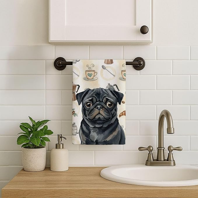 Caroline's Treasures Black Pug Coffee Bar Kitchen Towel Velour Plush Front and Cotton Loop Back Machine Washable