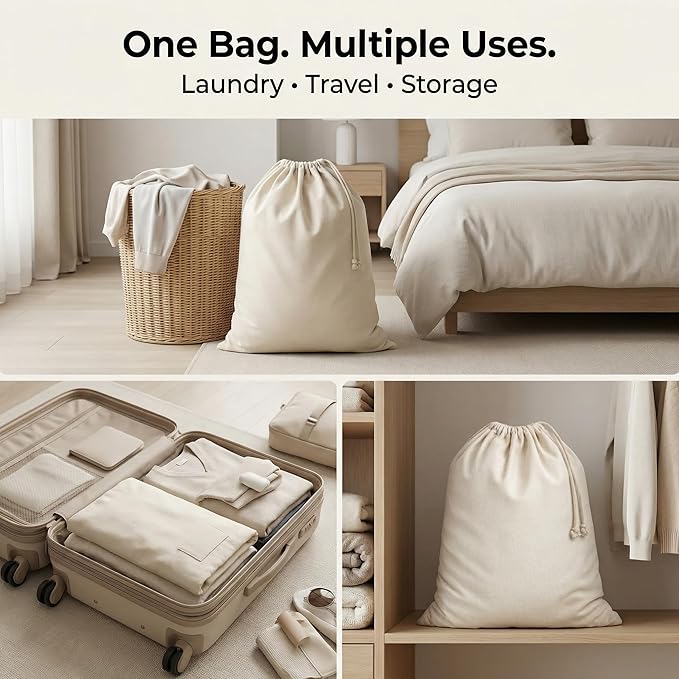 Urban Villa Laundry Bags 2-Pack 28”x36" Extra-Large Cotton Canvas Heavy Duty Washable Durable Travel Laundry Sacks with Drawstring Closure Reusable Hamper Liners for Dirty Clothes Delicates & Lingerie