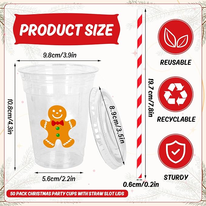 Whaline 50 Pcs Christmas Disposable Plastic Cups with Lids and Straws 12 oz Party Cups Gingerbread Man Cold Beverage Drinking Cups for Xmas Holiday Party Supplies