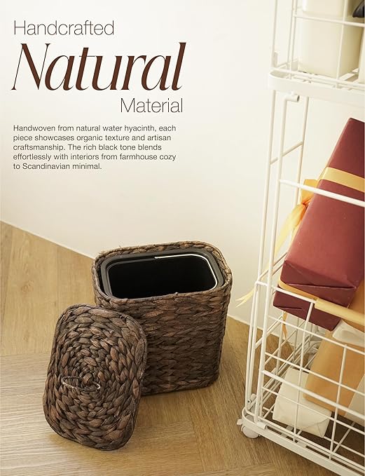 Tidita Wicker Waste Basket - Wicker Trash Can with Lid - Water Hyacinth Bathroom Garbage Can with a Lid - Bathroom Trash Can Boho Style - Removable Liner, Iron Frame (Black, 1.5 Gallons)