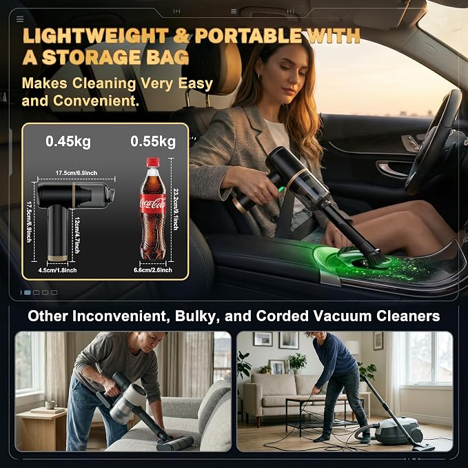 LAZYROSY 30000PA Handheld Vacuum Cleaner Suction with Brushless Motor, 6-in-1 Portable Mini Vacuum with 3 Suction Modes, Cordless Vacuum with LED Light, Type-C Charge for Car, Office Desk, Keyboards