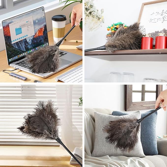 Ostrich Feather Duster 15Inch Natural Fluffy Handheld Feather Dusters for Cleaning Keyboard Home Car Office (1PCS)