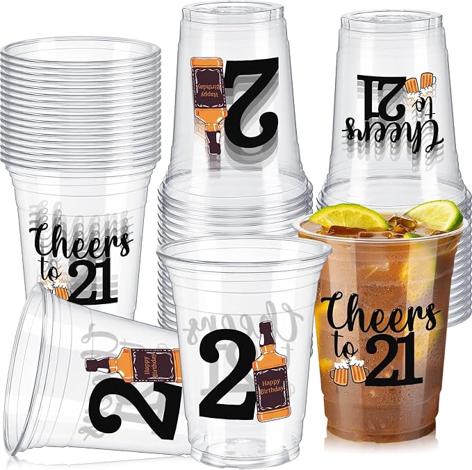 Jingmore 50 Pcs Birthday Plastic Cups 12 oz Birthday Disposable Plastic Cups Thick Clear Drinkware for Men Women Celebrate Party Supplies(21st)
