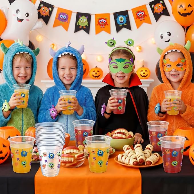 Uiifan 50 Pcs Monster Birthday Party Supplies Cute Cartoon Little Monster Party Decoration 12 oz Blue Purple Green Cups Disposable Plastic Cups for Coffee Juice Beverages Cocktail Birthday