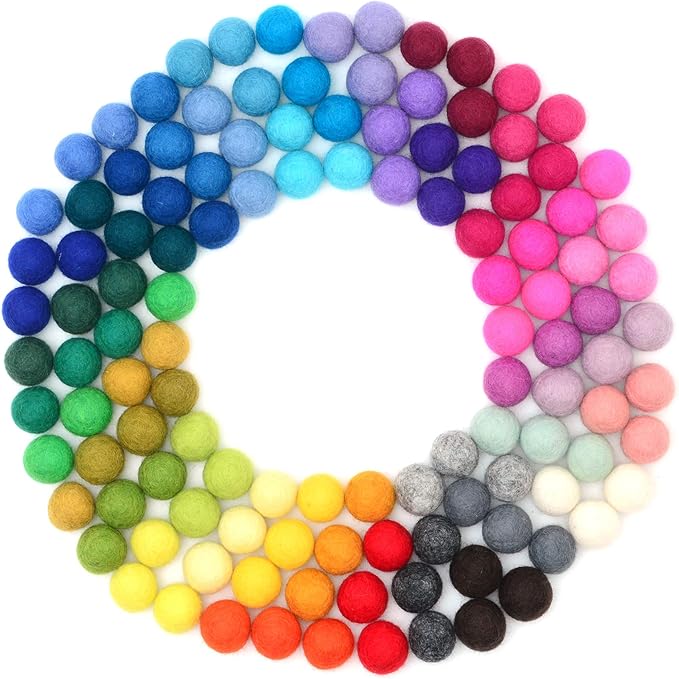 Glaciart One Wool Felt Balls, Felt Pom Pom Balls (120 Pieces) 1.5 cm - 0.6 Inch, Handmade Felted 40 Color (Red, Blue, Yellow, Gray, Black, Pastel and More) Bulk Small Puff for Felting and Garland