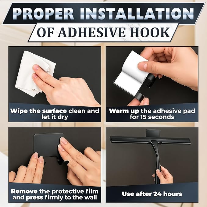 Shower Door Squeegee with Hook - 12" Silicone Blade, Stainless Steel Black Squeegee for Shower Glass with Adhesive Mount - All-Purpose Bathroom Tile, Mirror, & Window Wiper for Streak-Free Cleaning