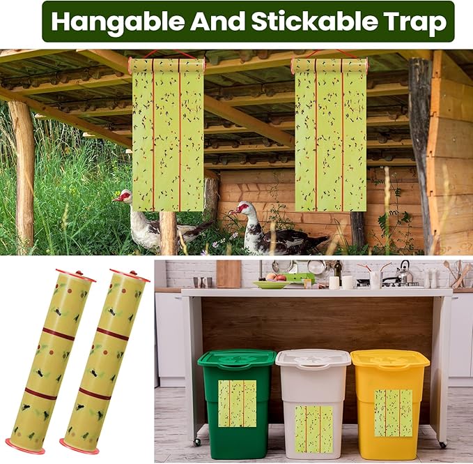 Qualirey 8 Rolls Giant Sticky Fly Traps 183 Feet Adhesive Fly Paper Fruit Traps Outdoor Indoor Strips Sticky Hanging Tapes Gnat Bug Catcher Pest Killer for Garage Greenhouse Barn Stable