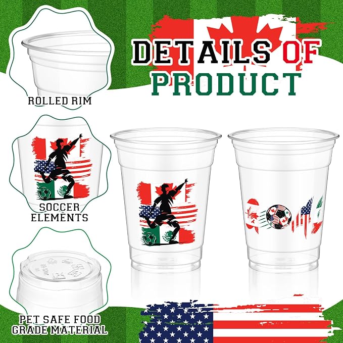 Jingmore 100 Pcs Soccer Plastic Cups 12 oz International Countries Soccer Disposable Plastic Cups Thick Clear Drinkware for Sports Games Party Supplies (Flags)