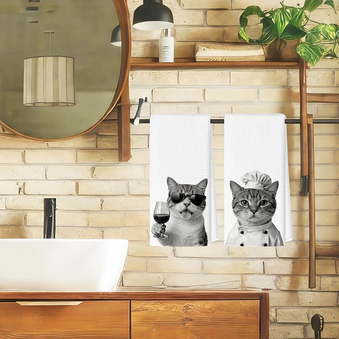 Funny Cat Kitchen Towels Set of 2, Cat Kitchen Bar Accessories, Chef Gifts for Women Decorative Hand Towels for Kitchen Decor, Coffee Wine Lovers Dish Tea Towel, 16x24 Inch