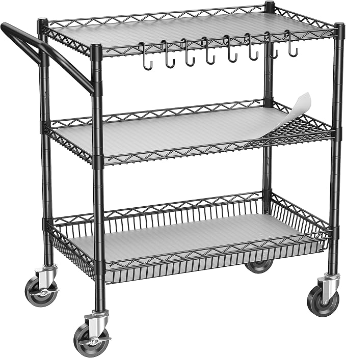 1050Lbs Heavy Duty Utility Cart with Wheels 3 Tier Rolling Metal Cart, Commercial Grade Storage Cart with Handle Bar & Shelf Liner, Trolley Wire Serving Cart for Garage, Kitchen, Restaurant
