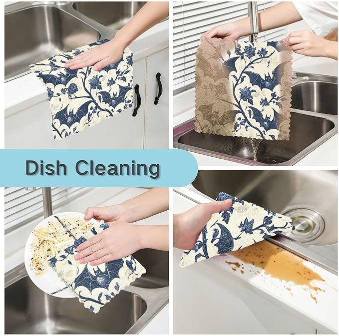senya Kitchen Dishcloths, Gothic Bat Floral Pattern Cloth Dish Towels 6 Pack Super Absorbent Dishtowels Reusable Cleaning Cloths