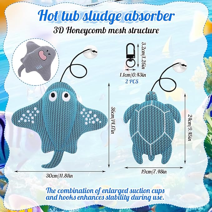 2 Pack Hot Tub Scum Absorber, Reusable Washable Scum Hot Tub Sponge for Spa Pool Cleaner Oil Absorbing Adults, Turtle Devilfish