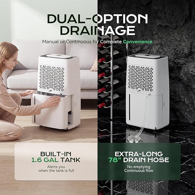 Tehanld Max 82 Pint Dehumidifier for Basement With Drain Hose, Large Dehumidifier for 5000 Sq Ft, 4 Modes, 1.6 Gal Tank, 40dB Quiet, Child Lock, Ideal for Basement, Home, Garage