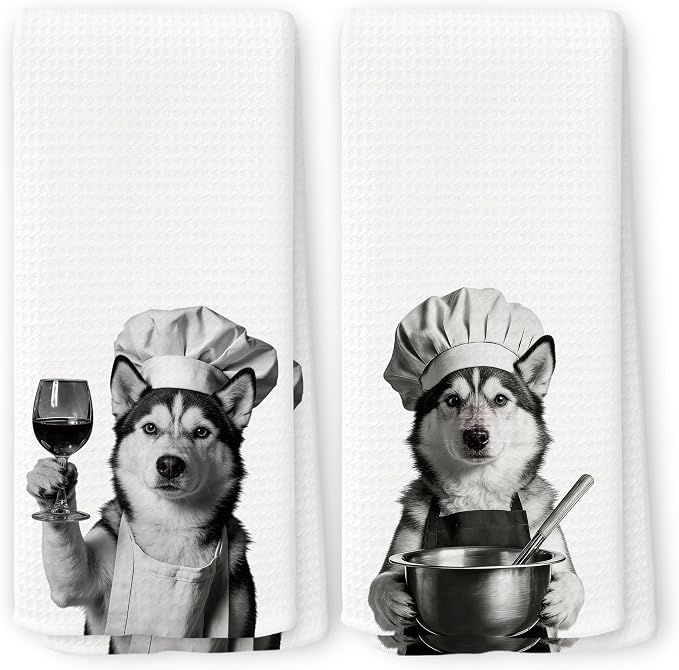 Funny Chef Husky Kitchen Towels Set of 2, Husky Dog Gifts for Women Dish Tea Towels for Kitchen, Dog Mom Lovers Owner Gifts Decorative Hand Towel, 16x24 Inch