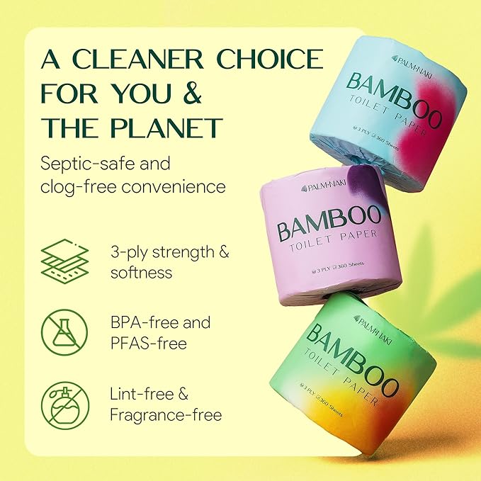 Premium Bamboo Toilet Paper | 3-Ply – Strong & Absorbent | Tree-Free, FSC Certified, BPA/PFAS-Free | Septic-Safe, Lint-Free | 4 Mega Rolls (360 Sheets/Roll) | PALM NAKI