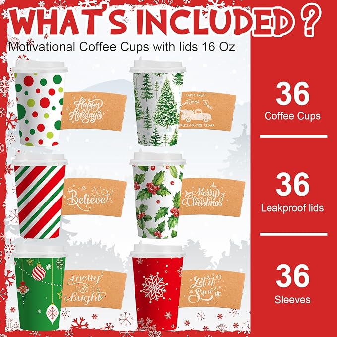 36 Sets/ 108 Pcs Christmas Paper Cups 16 oz Disposable Xmas to Go Coffee Drinking Cups with Lids and Sleeves Xmas Hot Cocoa Coffee Mug for Cold Drinks Hot Chocolate Christmas Party Drinkware Supplies