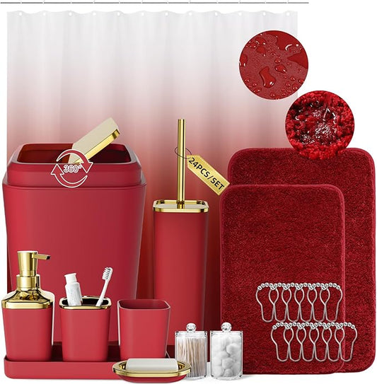 XLHOMO Burgundy Bathroom Accessories Set with Shower Curtain and Rugs, Dark Red Bathroom Accessories with Trash Can,Toothbrush Holder and Cup,Soap Dispenser,Tray,Soap Dish,Toilet Brush,Qtip Holders