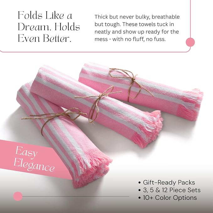 Rose Pink Monochrome Stripe Kitchen Towels 12 Pack, 16x26 Inch, 100% Cotton, Super Absorbent & Quick Dry, Durable, Fringed Dish Towel for Drying Dishes, Washable, Everyday Use