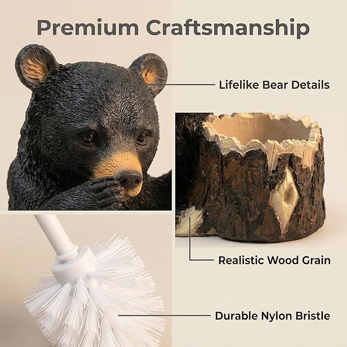 Whimsical Black Bear Toilet Brush Holder Set - Unique Cub Shape Decorative Bathroom Cleaning Kit for Cabin Owners, Bear-Themed Home Decor, Cozy Cabin Gifts