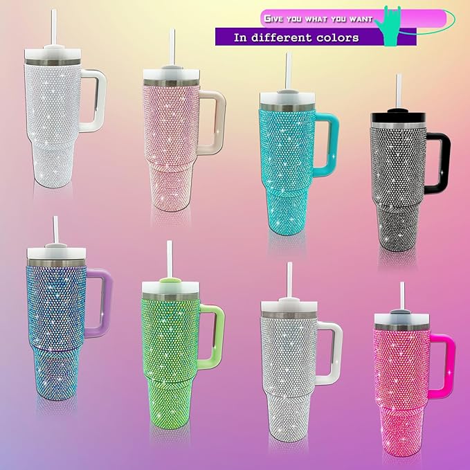 40oz Bling Tumbler with Handle and Straw Lid Rhinestone Studded Tumbler Cups Vacuum Insulated Stainless Steel Double Wall Water Bottle Travel Mug Gifts for Women Her (Purple)