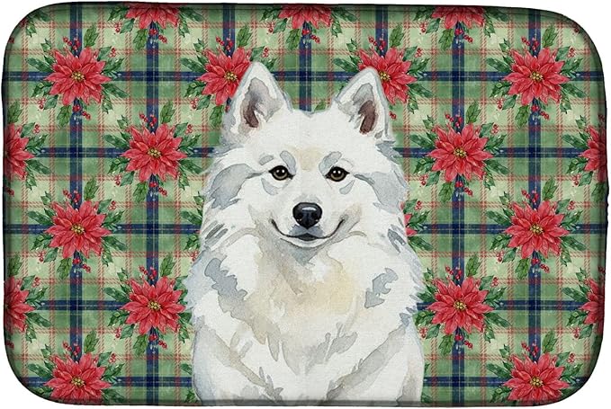 Caroline's Treasures American Eskimo Christmas PoinsettIas Dish Drying Mat Absorbent Dish Drying Mat Pad for Kitchen Counter Dish Drainer Mat for Countertop, 14 x 21", Multicolor