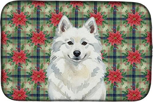 Caroline's Treasures American Eskimo Christmas PoinsettIas Dish Drying Mat Absorbent Dish Drying Mat Pad for Kitchen Counter Dish Drainer Mat for Countertop, 14 x 21", Multicolor