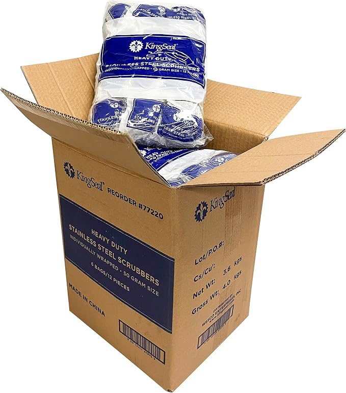24 Count | KingSeal Stainless Steel Scrubbers, Scrub Pads, Heavy Duty, 50 gram Weight, Individually Wrapped - 2 Packs of 12 Scrubbers