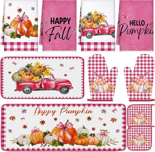 Fanfanwin 10 Pcs Thanksgiving Pumpkin Kitchen Decor Set Pink Kitchen Towels Pot Holders Oven Mitts and Rugs Set for Baking Cooking BBQ Thanksgiving Home Decor