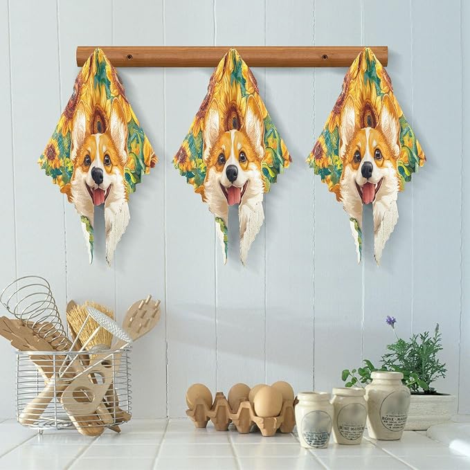 Yellow Sunflowers and Corgi Dogs Kitchen Towels Dish Cloths Set of 6 Microfiber Cleaning Cloths for Cars Super Absorbent Machine