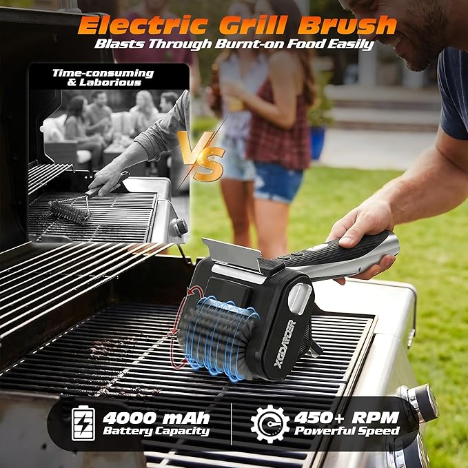 Electric Grill Brush for Outdoor Grill, Rechargeable BBQ Grill Cleaner Stainless Steel Brush with 450RPM Stainless Roller,LED Light, Scraper,Grilling Gifts for Men/Dad