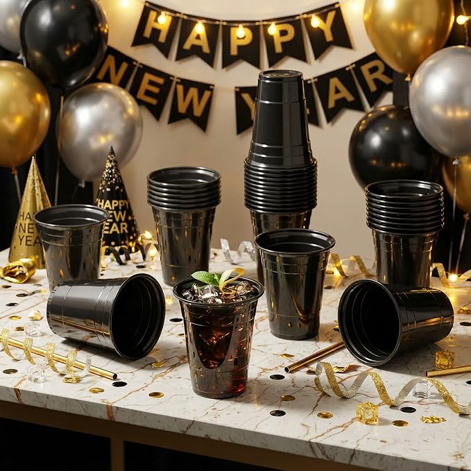 LemonRoad 100 Pack 16oz Black Clear Plastic Cups, Party Disposable Drinking Cups Bulk for Parties Picnics Cold Beverages, Smoothies, Events Celebrations Meeting Wedding Holiday Party