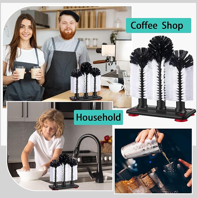 Havawish 2 Pack Water Bottle Cleaning Brush with Suction Base, 3 Head Bristle Bar Glass Washer for Sink, Cup Washer Brush Cleaner for Bar Beer Cup, Wine Glass, Long Leg Cup Kitchen Tools