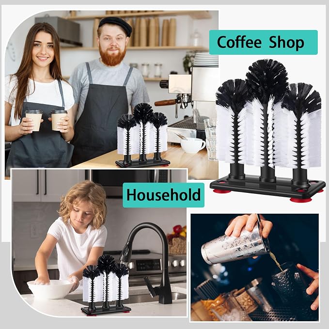 Havawish 3 Pack Water Bottle Cleaning Brush with Suction Base, 3 Head Bristle Bar Glass Washer for Sink, Washer Brush Cleaner for Bar Beer Cup, Wine Glass, Long Leg Cup Kitchen Tools