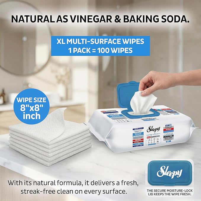 Sleepy Easy Clean XL Heavy Duty Cleaning Wipes (100 Count) – Chlorine-Free Bleach & Vinegar Formula – Large 8"x8" Multi Surface Scrubbing Wipes for Bathroom, Grout, Tile, Glass, Carpet Spots & Stain