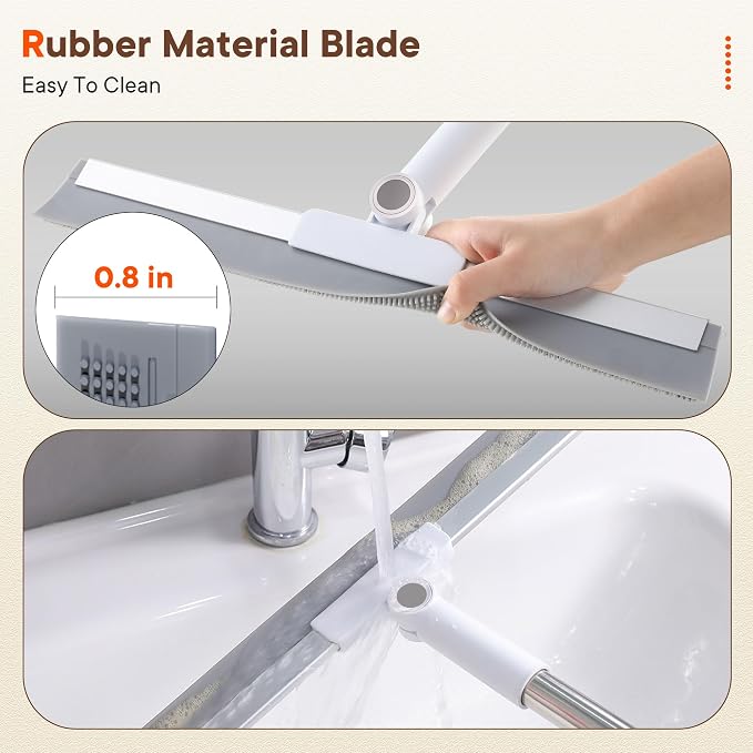 Floor Squeegee Broom with Rubber Scrubbing Teeth, 2-in-1 Magic Broom with 58 Inch Telescopic Handle, Wide Shower Floor Squeegee for Bathroom, Garage, Kitchen, Tile, Concrete, Pet Hair and Water