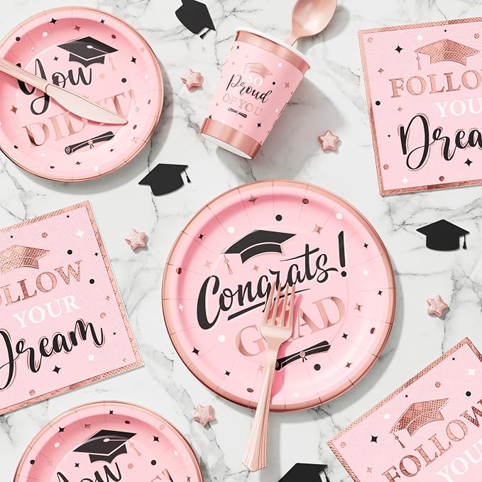 Graduation Decoration Class of 2026 Pink Graduation Decoration 175 PCS - Rose Gold Grad Party Supplies Disposable Dinnerware (Serves 25) Paper Plates Cup Napkin Fork Knife Spoon (Pink & Black)