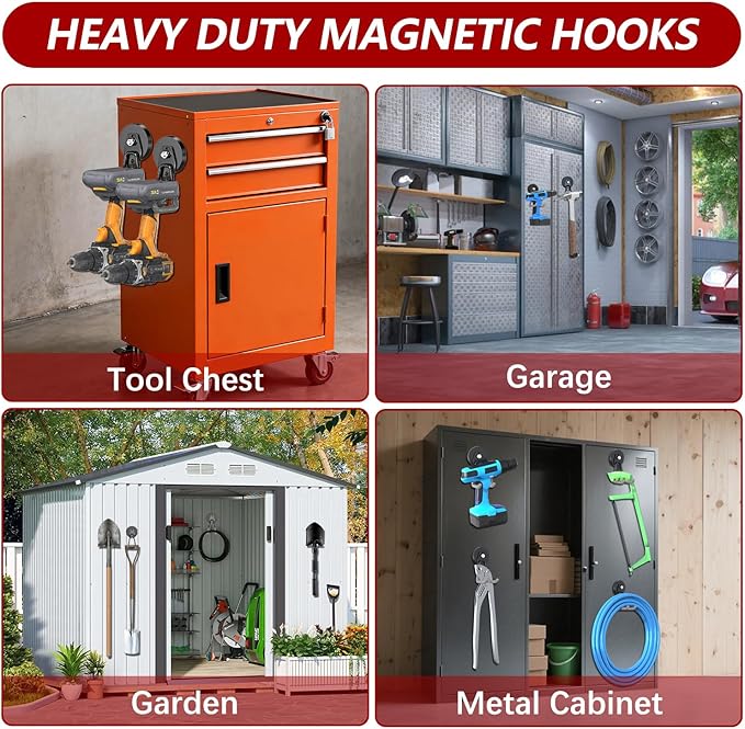 3-H Extra Strong Magnetic Hooks,Heavy Duty Large Anti-Slip Magnet Hooks,No-Drill Tool Holder for Garage,Power Drill,Garden Tools,Hose Storage,4 Pack Gray