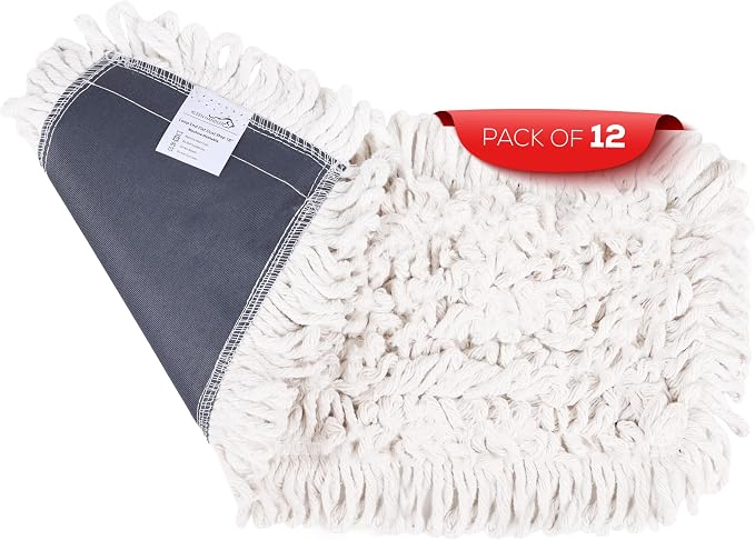 Kleen Handler 18" Commercial Dust Mop Replacement Heads, 12 Pack Industrial Loop End Flat Dust Mop Pads, Washable Cotton Mop Refill for Floor Cleaning, Natural