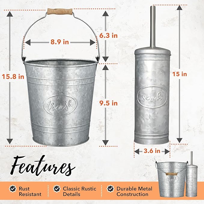 Autumn Alley Rustic Farmhouse Trash Can and Toilet Brush Holder Set - Galvanized Bathroom Trash Can with Matching Toilet Brush, Rustic Farmhouse Bathroom Decor, Grey, 2 Gal.